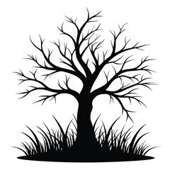 Obraz premium monochrome silhouette leafless tree with grass silhouette line art vector illustration with a white background