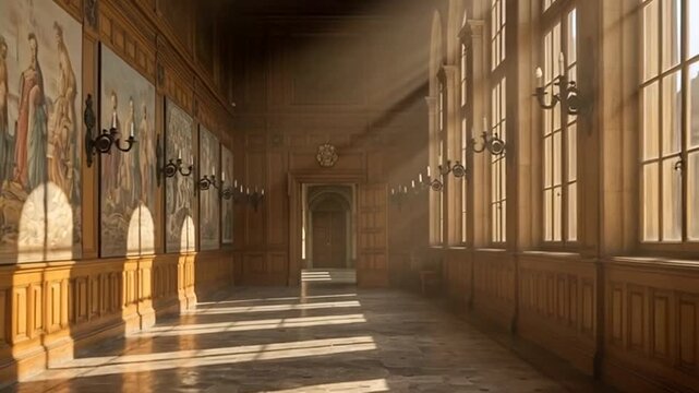 Elegant hallway with large windows and ornate paintings