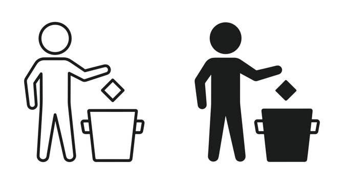 Human figure putting garbage into waste basket symbol for recycling and cleanliness awareness