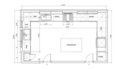 Architectural drawing of a modern kitchen layout plan. © mat