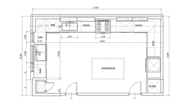 Architectural drawing of a modern kitchen layout plan.