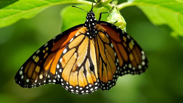 Monarch butterfly emerged from chrysalis hanging on a green leaf. Metamorphosis and life cycle of an insect in nature. Close up of orange and black butterfly wings