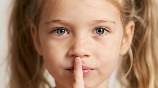 Close up portrait of a cute girl making a silence gesture. Young child with freckles putting finger to lips. Secret concept