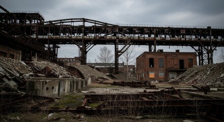 Fototapeta premium Abandoned industrial complex with elevated walkways and brick buildings under overcast sky.