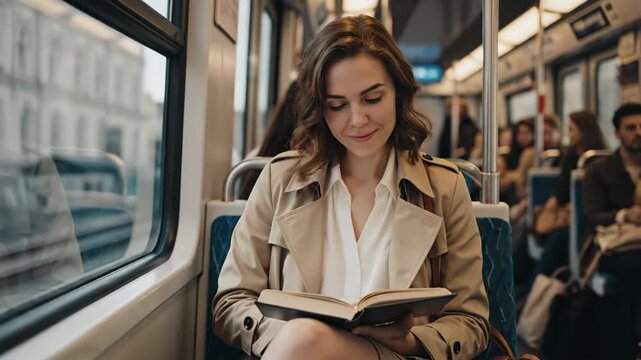 A young woman reading a book on a train. A female passenger enjoys a story while commuting on public transport. Urban lifestyle and daily routine
