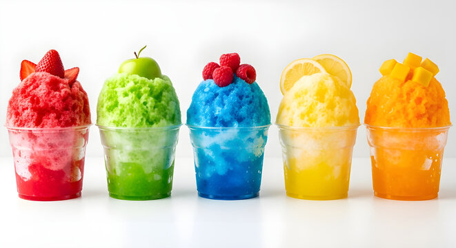 Five colorful cups of flavored shaved ice topped with fresh fruit on a white background isolated on white background