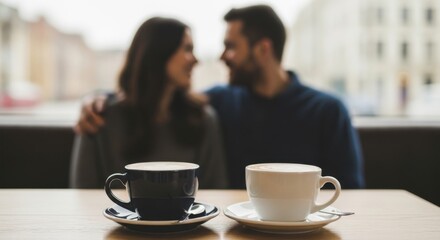 Fototapeta premium Couple enjoying coffee together at a cafe, romantic date.