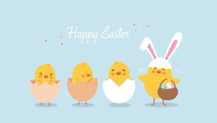 Easter chicks emerging from eggs with bunny holding basket