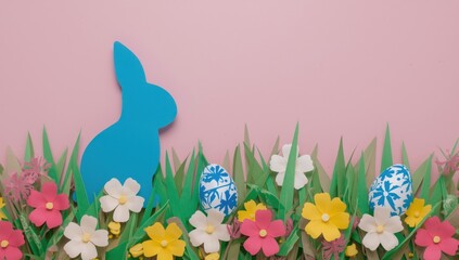 Blue bunny silhouette with easter eggs and colorful flowers in grass pink background