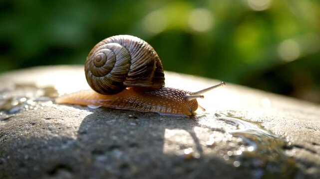 Snail making its way slowly across wet stone surface in garden