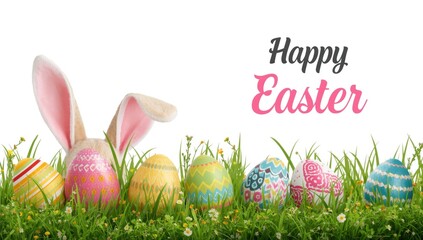 Easter eggs in grass with bunny ears and Happy Easter text flowers colorful eggs