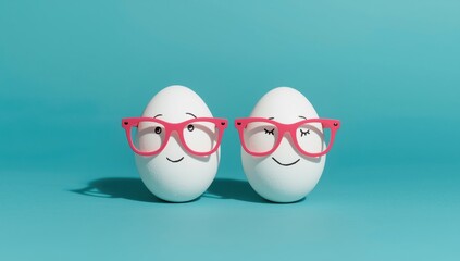 Two white eggs with pink glasses on teal background smiling eggs cartoon eyes