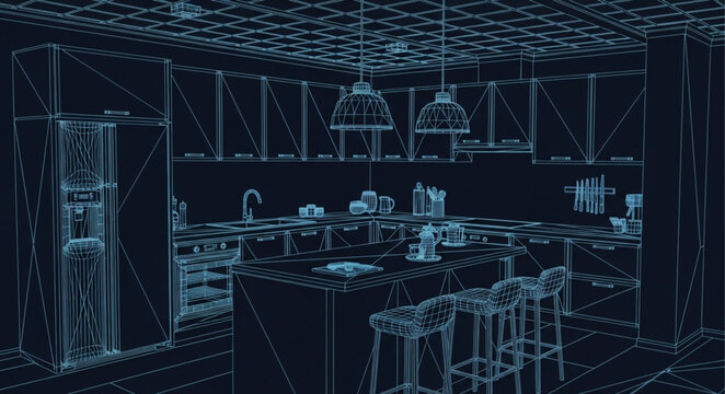 Abstract Wireframe Rendering of a Modern Kitchen Interior.