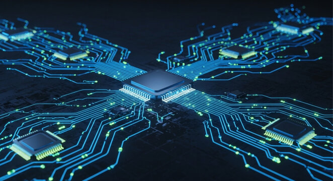 Advanced Microchip Processor with Glowing Blue Circuits.