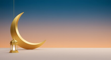 Elegant golden crescent moon symbol with a hanging traditional lantern illuminated against a soft gradient sky