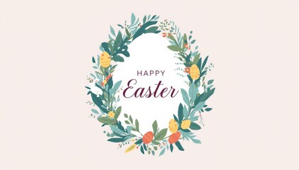 Easter floral wreath with Happy Easter text on light pink background flowers leaves
