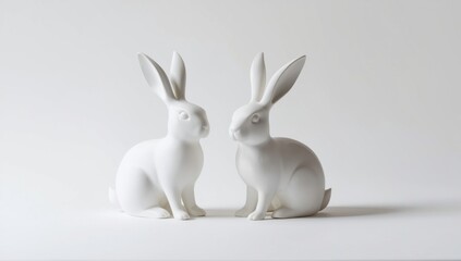 Two white ceramic rabbits sitting side by side on plain background white rabbits Easter holiday