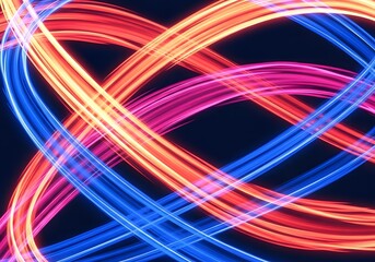 Vibrant and complex abstract pattern formed by intersecting neon light trails in a spectrum of red, orange, blue, and pink against a dark background.