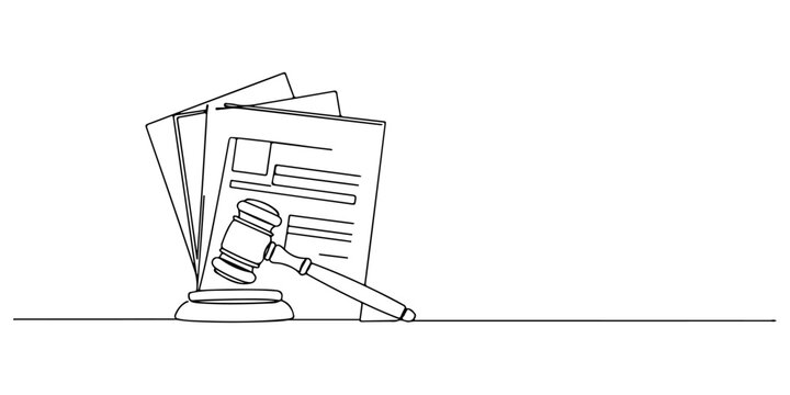 Continuous one line of a judge's hammer with documents, drawn illustration.