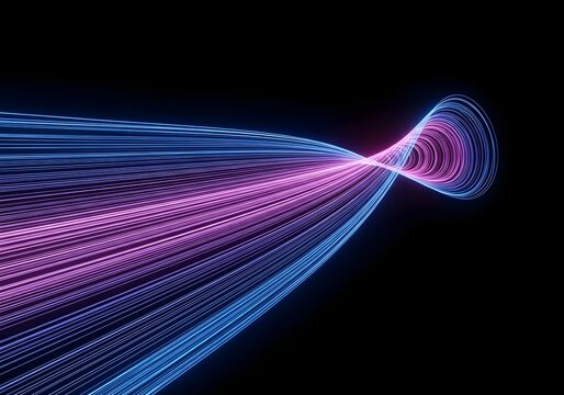 Graceful abstract visualization of countless blue and pink data streams twisting and merging into a beautiful spiral shape against a black background.