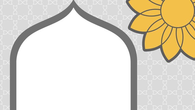Seamless loop of a horizontal Islamic background in light gray. Features rotating orange floral ornaments and a white mosque arch-shaped copy space. Perfect for Ramadan, Eid al-Fitr, and Eid al-Adha e