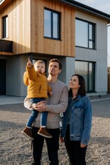 Obraz premium Young Family Standing Outside Modern New House
