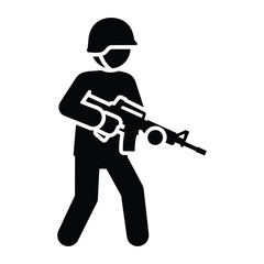 Obraz premium Black icon of a military soldier carrying a weapon and wearing protective gear