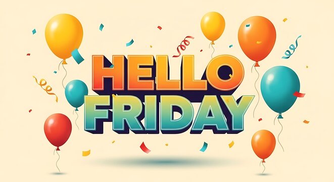 Vibrant hello friday greeting with colorful balloons and confetti