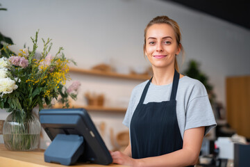 Smiling barista welcoming customers on a sunny day in a cafe