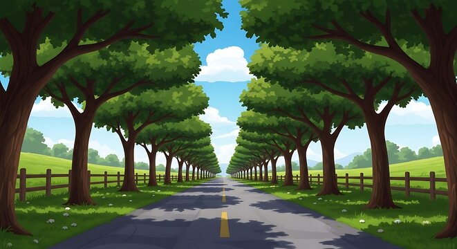 Serene Tree Lined Road in Countryside Landscape.