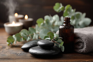Relaxing spa setup with essential oils and soothing stones
