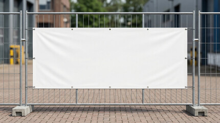 Blank White Banner Mockup on a Clean Temporary Metal Mesh Fence at a Modern Urban Construction Site with Paved Ground