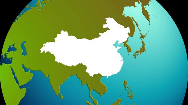 Animated globe zoom highlighting China on a flat world map. Ideal for news, global business reports, geopolitics, trade analysis, and educational content.
