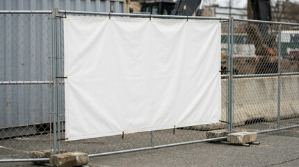 Clean Blank White Banner Mockup Displayed on a Chain Link Fence at an Active Industrial Construction Site with Equipment
