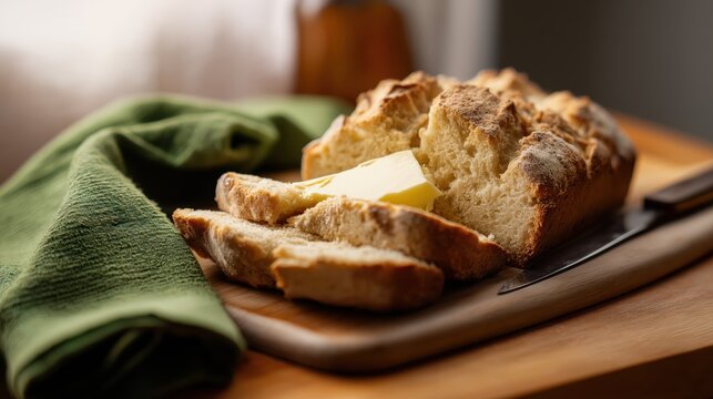 Freshly baked bread sliced with butter on wooden board  