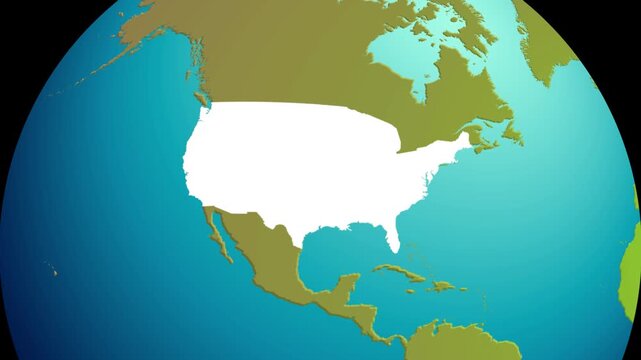 Animated globe zoom highlighting the United States on a flat world map. Ideal for news, business reports, education, political content, and corporate presentations.