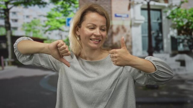 Blonde woman shows both thumbs up and thumbs down gestures on urban street setting; inner uncertainty.