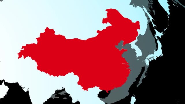Animated world map highlighting China in red. Ideal for geopolitical analysis, trade reports, news content, global strategy discussions, and international relations videos.