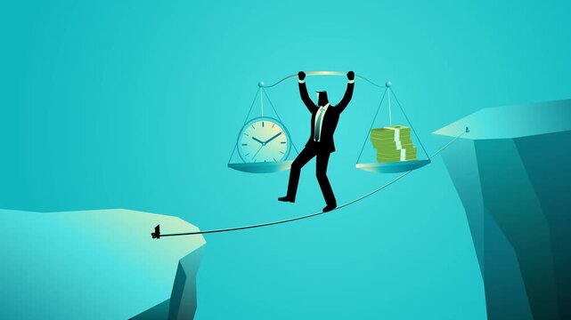 Looping motion graphic of a businessman balancing on a tightrope between cliffs, weighing time and money on a scale. Concept of business risk, leadership pressure, and strategic decision making.