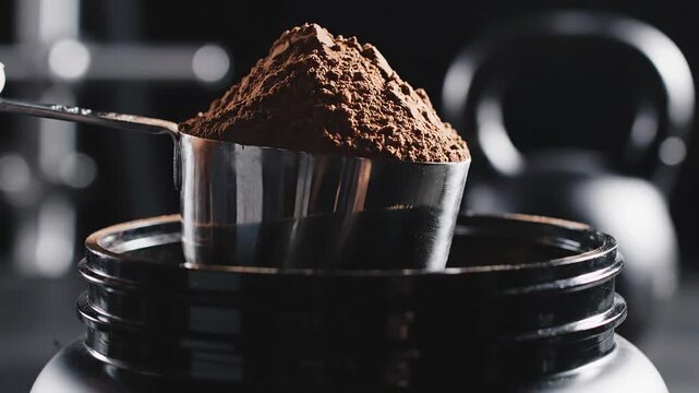Scoop of Chocolate Protein Powder Falling into Supplement Jar with Kettlebells in Background