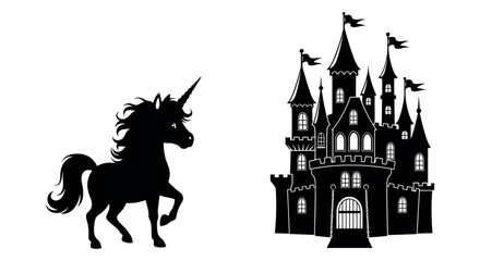 Naklejka premium Majestic unicorn approaches enchanted castle with towers and flags