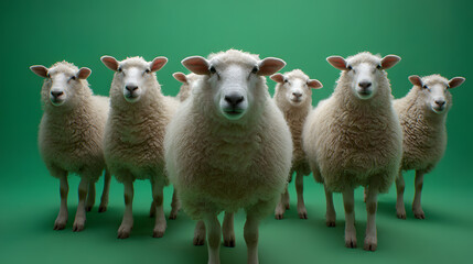 Fototapeta premium Fluffy Sheep on Green Background: A gathering of fluffy sheep, their gentle eyes meeting the viewer with warmth and curiosity, set against a vibrant green background. It's a pastoral scene.