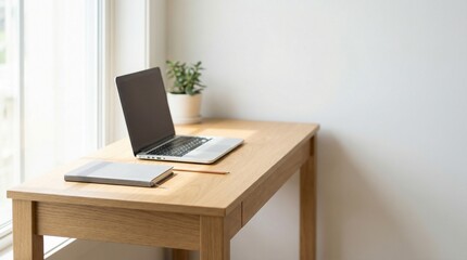 Minimal home workspace with laptop, remote work and technology concept