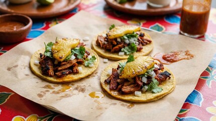 Street Style Tacos al Pastor with Pineapple on Corn Tortillas