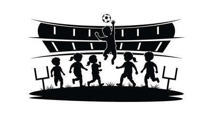 Children playing soccer in front of stadium stands a striking silhouette © MdShifulIslam