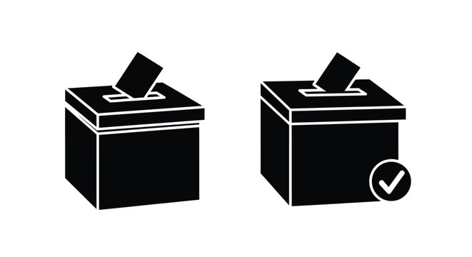 Two ballot boxes with a checkmark a stark graphic silhouette