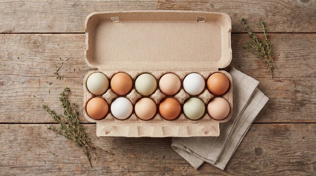 Dozen fresh organic chicken eggs in carton on wooden table. Assortment of farm raised raw egg for cooking or Easter holiday. Natural food.