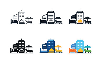 Obraz premium Luxury hotel concept icon showing a high-rise building with symbols for bed, bell, and lounge amenities, representing modern