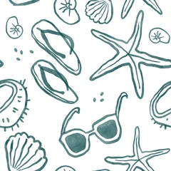 Fototapete Aquarell-Muster-Set 1 A nautical seamless pattern of textile and wallpaper items. Starfish, flip-flops, shell, and sunglasses.  © BloomPix