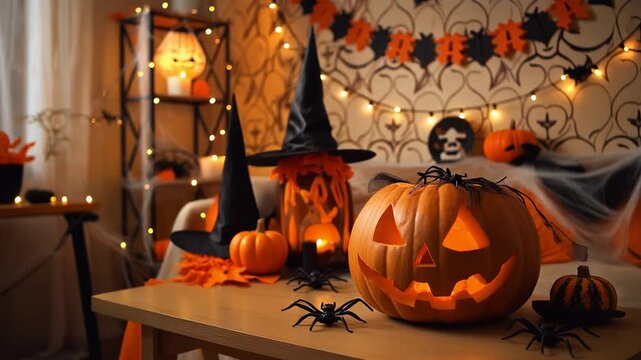 A close-up of a carved pumpkin surrounded by Halloween decorations on a table indoors